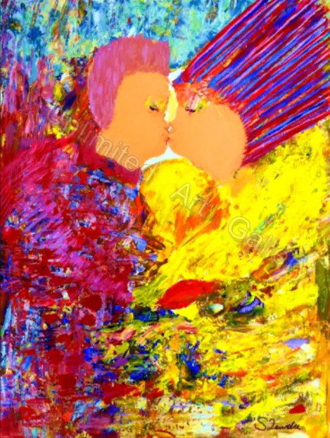 Abstract art that shows a man and woman kissing eachother.