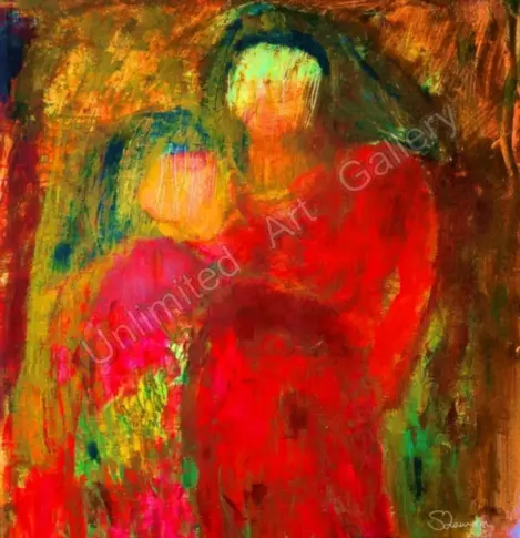 Abstarct art that shows a mother with her daughter.